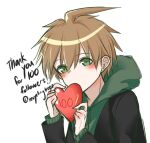  1boy artist_name bangs black_jacket blush brown_hair commentary_request covered_mouth covering_mouth danganronpa:_trigger_happy_havoc danganronpa_(series) green_eyes green_hoodie hands_up happy_birthday happy_valentine heart holding holding_heart hood hood_down hoodie jacket looking_at_viewer male_focus milestone_celebration naegi_makoto no_nose recyclingtrees shiny shiny_hair simple_background solo thank_you upper_body valentine white_background 