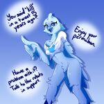  1:1 2019 absurd_res anthro avian beak bird blue_body blue_feathers breasts clothing digital_media_(artwork) english_text feathers female hi_res looking_at_viewer meme non-mammal_breasts open_beak open_mouth shirt solo text topwear tweetfur twitter witchtaunter 