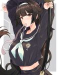  1girl akatuki arms_up azur_lane bangs black_sailor_collar black_serafuku black_shirt black_skirt brown_hair commentary_request crop_top crop_top_overhang extra_ears eyebrows_visible_through_hair hair_ears hairband highres holding holding_sword holding_weapon long_hair looking_at_viewer midriff miniskirt mouth_hold official_alternate_costume pleated_skirt revision ribbon sailor_collar school_uniform serafuku sheath sheathed shirt skirt solo sword takao_(academy_romantica)_(azur_lane) takao_(azur_lane) very_long_hair weapon white_hairband white_neckwear white_ribbon yellow_eyes 