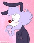 2019 animaniacs anthro blush brainsister breasts detailed_background english_text eyes_closed facial_markings female freckles fur hair head_markings inkblot lagomorph leporid mammal markings mask_(marking) multicolored_body multicolored_fur nipples purple_body purple_fur purple_hair rabbit red_nose solo text two_tone_body two_tone_fur warner_brothers white_body white_fur 