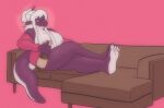  4_toes alcohol anthro beverage big_breasts breasts claws feet female furniture hair hi_res lavabath mario_bros nintendo nipples purple_body sofa soles solo toe_claws toes video_games white_hair yoshi 