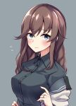  1girl black_sailor_collar black_shirt blue_eyes blush breasts brown_hair buttons closed_mouth collarbone eyebrows_visible_through_hair flying_sweatdrops grey_background highres jewelry kantai_collection large_breasts long_hair noshiro_(kantai_collection) revision ring sailor_collar shirt simple_background solo soramuko upper_body wedding_band 