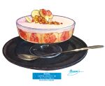  cup dessert fig food food_focus food_request fruit glass highres momiji_mao no_humans original parfait pastry plate signature simple_background spoon still_life translation_request utensil white_background 