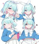  1girl :o arona_(blue_archive) blue_archive blue_eyes blue_hair blue_shirt blush bow_hairband braid choker clothes_lift colored_inner_hair hair_over_one_eye hairband half-closed_eyes heart highres light_blue_hair long_sleeves looking_at_viewer multicolored_hair multiple_views myown neckerchief pink_hair pleated_skirt pointing pointing_at_viewer sailor_collar shirt shirt_lift short_hair simple_background single_braid sketch skirt sweat two-sided_fabric two-sided_shirt white_background white_choker white_hairband white_neckerchief white_sailor_collar white_skirt 