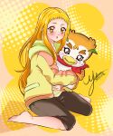  1girl :o artist_name barefoot black_pants blonde_hair capri_pants character_doll commentary dated english_commentary holding holding_stuffed_toy hood hood_down hoodie kasugano_urara_(yes!_precure_5) kibou_no_chikara_~otona_precure_&#039;23~ long_hair long_sleeves looking_at_viewer mel-chan open_mouth pants precure signature sitting solo stuffed_toy syrup_(yes!_precure_5) wariza yellow_background yellow_eyes yellow_hoodie yes!_precure_5 