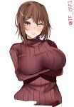  1girl alternate_costume arms_under_breasts blush breasts brown_hair cropped_torso crossed_arms furutaka_(kancolle) glowing glowing_eye hair_between_eyes hair_ornament hairclip highres kantai_collection large_breasts long_sleeves looking_at_viewer parted_lips red_sweater ribbed_sweater short_hair simple_background smile solo sweater teeth tf_cafe turtleneck turtleneck_sweater twitter_username upper_body white_background yellow_eyes 