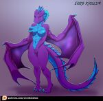 anthro blue_claws breast_play breasts claws digitigrade dragon dragon_tail errokioslem female fin hi_res masturbation purple_body purple_scales scales solo_focus standing transformation wings