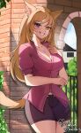  1girl animal_ears blonde_hair blush breasts brown_eyes cleavage collarbone facial_mark final_fantasy final_fantasy_xiv grin heterochromia highres jewelry long_hair looking_at_viewer medium_breasts miqo&#039;te necklace parted_lips purple_eyes rukiadaichi smile solo tail teeth 