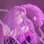  1girl breasts chain cleavage closed_mouth collarbone detached_sleeves facial_mark fate/stay_night fate_(series) floating_hair hair_intakes highres long_hair long_sleeves looking_at_viewer medium_breasts pink_eyes pink_hair pink_theme purple_background purple_sleeves rider snake solo strapless upper_body very_long_hair water_human 