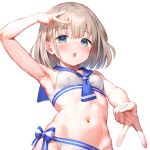  1girl :o alternate_costume armpits blush breasts commentary_request double_v grey_hair gyaru_v highres idolmaster idolmaster_shiny_colors looking_at_viewer navel qianlou_(qianlou12374) sailor_bikini sailor_collar sailor_swimsuit_(idolmaster) serizawa_asahi simple_background small_breasts solo stomach v white_background 