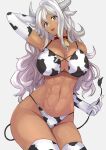  1girl abs absurdres animal_print bare_shoulders bell bikini breasts clash_kuro_neko cleavage collar collarbone commentary_request cow_print cowbell dark_skin elbow_gloves gloves grey_background hair_between_eyes highres large_breasts looking_at_viewer navel open_mouth original simple_background solo swimsuit thighhighs tongue white_hair 