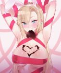  1girl animal_ears armpits asuna_(blue_archive) blue_archive blue_eyes blush breasts candy chocolate chocolate_on_body chocolate_on_breasts cleavage fake_animal_ears food food_on_body hair_over_one_eye heart heart-shaped_chocolate highres kaska large_breasts looking_at_viewer naked_chocolate naked_ribbon nude playboy_bunny rabbit_ears red_ribbon ribbon solo wrapped_up 
