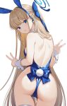  1girl absurdres animal_ears ass bare_back blonde_hair blue_archive blue_bow blue_eyes blue_halo blue_leotard bow breasts citron_82 commentary_request double_v fake_animal_ears fake_tail from_behind hair_bow halo highres leotard long_hair looking_at_viewer looking_back medium_breasts official_alternate_costume open_mouth playboy_bunny rabbit_ears rabbit_tail sideboob simple_background solo tail toki_(blue_archive) toki_(bunny)_(blue_archive) v very_long_hair white_background 