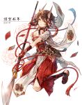  1girl boar_tail breasts brown_hair chinese_zodiac cleavage closed_mouth commentary_request glint gloves highres holding holding_polearm holding_weapon horn_ornament horn_ribbon horns looking_at_viewer naginata original partially_fingerless_gloves polearm red_ribbon red_skirt ribbon sandals senano-yu short_sleeves signature skirt smile solo weapon white_background year_of_the_pig yellow_eyes 