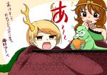  2girls :o absurdres antlers bare_shoulders brown_hair commentary_request dragon_girl dragon_tail dress eating food fruit highres kaisenpurin kicchou_yachie kotatsu low_twintails mandarin_orange medium_hair monkey_girl multiple_girls open_mouth otter_spirit_(touhou) red_eyes short_hair single-shoulder_dress sleeveless sleeveless_dress son_biten table tail touhou translation_request turtle_shell twintails yellow_eyes 