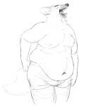 2021 anthro areola belly belly_overhang big_belly bottomwear canid canine cettus clothed clothing eyes_closed leggy_(cettus) male mammal maned_wolf moobs navel open_mouth overweight overweight_anthro overweight_male pants pants_only scratching_butt scratching_self sketch solo standing tail topless yawn