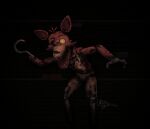  2020 animatronic anthro big_ears black_background bottomwear brown_body canid canine clothed clothing eye_patch eyewear fangs five_nights_at_freddy&#039;s fox foxy_(fnaf) fur glowing glowing_eyes hi_res hook hook_hand inkart_flow looking_at_viewer machine male mammal metal metallic metallic_body multicolored_body nightmare_fuel open_mouth orange_eyes pirate pseudo_clothing raised_arm red_body red_fur robot robotic_hand robotic_legs rust scary sharp_teeth shorts simple_background slouching solo standing tan_body teeth torn_body video_games wide_eyed 