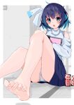  16bit_sensation 1girl ahoge akisato_konoha aosakana_com aqua_eyes aqua_hair bare_shoulders barefoot black_skirt blue_hair blue_sweater blush border cameltoe can chestnut_mouth commentary fang feet foot_focus foot_out_of_frame foreshortening frown grey_background hair_between_eyes hair_ribbon highres indoors knees_up looking_at_viewer lower_teeth_only miniskirt multicolored_hair off-shoulder_sweater off_shoulder open_mouth panties pantyshot pleated_skirt ribbon short_hair shy simple_background sitting skin_fang skirt soles solo sweater teeth thighs toenails toes two-tone_hair underwear v-shaped_eyebrows white_border white_panties white_ribbon 