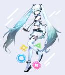  1girl absurdres black_nails black_ribbon blue_hair boots closed_mouth crop_top cross-laced_clothes cross-laced_sleeves cyawa detached_sleeves floating_hair from_side full_body gradient_hair grey_background grey_eyes grey_hair hair_between_eyes hair_ribbon hatsune_miku headphones headset highres leg_up long_hair long_sleeves looking_at_viewer microphone midriff miniskirt multicolored_hair nail_polish navel neck_ribbon pleated_skirt ribbon skirt sleeves_past_wrists smile solo standing stomach thigh_boots twintails very_long_hair vocaloid white_footwear white_hair white_skirt white_sleeves zettai_ryouiki 