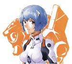  1girl absurdres ayanami_rei bangs blue_hair bodysuit breasts breasts_apart closed_mouth eva_00 h.j._(pixiv55506992) headgear highres mecha neon_genesis_evangelion orange_eyes plugsuit shiny shiny_hair short_hair small_breasts smile solo upper_body white_background white_bodysuit 