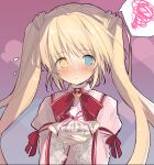  1girl blonde_hair blue_eyes blush can canned_food commentary_request crown eyes_visible_through_hair fish floating_hair flying_sweatdrops frilled_sleeves frills gift gradient_background grey_background hair_between_eyes heart heart-shaped_pupils heterochromia holding holding_gift incoming_gift juliet_sleeves kazamatsuri_institute_high_school_uniform long_hair long_sleeves looking_at_viewer lovestruck mini_crown nagesuteaka nakatsu_shizuru neck_ribbon nose_blush parted_lips partial_commentary pink_background puffy_sleeves red_ribbon rewrite ribbon saury school_uniform shy simple_background solo spoken_squiggle squiggle symbol-shaped_pupils twintails upper_body valentine very_long_hair wide_sleeves yellow_eyes 