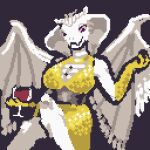 1:1 alcohol anthro armwear beverage big_breasts biped breasts clothed clothing container crossed_legs cup digital_media_(artwork) dragon dress drinking_glass elbow_gloves fangs female front_view glass glass_container glass_cup gloves gold_dress handwear horn hybrid looking_at_viewer low_res membrane_(anatomy) membranous_wings pink_eyes pixel_(artwork) reptile scalie selena_illyana sitting smile smiling_at_viewer snake snake_hood solo teeth western_dragon white_body white_horn wine wine_glass wings x0_000