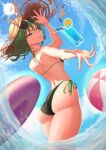  1girl absurdres bikini bird black_bikini breasts curly_hair day english_commentary eyewear_on_head floating floating_object green_eyes green_hair hat highres karikarisuru ocean one-punch_man petite psychic swimsuit tatsumaki 