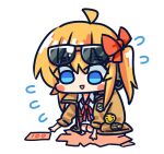  1girl :d ahoge badge banknote blue_eyes blush_stickers brown_jacket button_badge chibi chinese_commentary commentary_request eyewear_on_head flying_sweatdrops girls&#039;_frontline hair_between_eyes hair_ribbon highres jacket kalina_(girls&#039;_frontline) long_hair looking_down money neck_ribbon official_art open_mouth orange_hair red_ribbon ribbon seiza shirt side_ponytail simple_background sitting smile solo su_xiao_jei sunglasses white_background white_shirt 