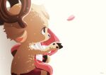  antlers blue_nose cherry_blossoms commentary_request doccoi falling_petals hat highres holding holding_clothes holding_hat one_piece petals pink_headwear profile reindeer_antlers simple_background solo tony_tony_chopper white_background 