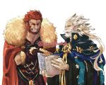  2boys beard cape closed_eyes crossed_arms facial_hair fate/grand_order fate_(series) fur-trimmed_cape fur_trim grey_hair highres iskandar_(fate) kino0nok0 laughing male_focus multiple_boys ptolemy_(fate) red_hair robe twitter_username white_background 