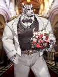  1boy alternate_costume animal_ears arknights bara black_vest blurry blurry_background bouquet bow bowtie collared_shirt contrapposto cowboy_shot flower formal furry highres holding holding_bouquet jacket light_particles looking_to_the_side male_focus mountain_(arknights) muscular muscular_male open_clothes open_jacket pants pectorals scar scar_across_eye shirt short_hair smile solo suit tiger_boy tiger_ears tiger_stripes vest white_fur white_jacket white_pants white_shirt white_suit yamariceball 