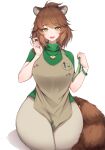 &lt;3 2023 5_fingers absurd_res animal_humanoid apron barista big_breasts biped bottomless bottomless_female bottomless_humanoid bracelet breasts brown_apron brown_body brown_ears brown_fur canid canid_humanoid canine canine_humanoid clothed clothing colored curvy_figure digital_media_(artwork) eyelashes female fingers fluffy fluffy_tail front_view fur green_clothing green_eyes green_shirt green_topwear hair hi_res holding_notebook holding_object holding_pencil humanoid humanoid_hands inner_ear_fluff jewelry light_body light_skin looking_at_viewer mammal mammal_humanoid markings monotone_hair multicolored_body multicolored_ears multicolored_fur multicolored_tail necklace notebook open_mouth open_smile pawprint_print pear-shaped_figure pelvic_curtain pencil_(object) pendant pink_tongue portrait pupils rikuguma ring_(marking) ringtail shaded shirt simple_background sitting smile solo tail tail_markings tanuki_humanoid thick_thighs three-quarter_portrait tongue topwear tuft two_tone_body two_tone_ears two_tone_fur two_tone_tail white_background white_inner_ear white_inner_ear_fluff white_pupils wide_hips
