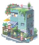  3others 43 air_conditioner awning balcony blue_flower box building bunting chair closed_eyes clothes_hanger commentary_request cup drainpipe drinking_glass flower flower_pot holding holding_watering_can hose isometric lounge_chair morning_glory multiple_others original outdoors parasol pig pillow pink_flower plant potted_plant purple_flower railing red_flower signature sitting standing tree umbrella unworn_shirt vines watering_can window 
