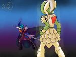 2023 3_fingers absurd_res armor aura duel duo fingers gallade generation_4_pokemon green_hair hair hi_res humanoid male melee_weapon nintendo not_furry pokemon pokemon_(species) rear_view renv shiny_pokemon signature sir_gallade sword weapon