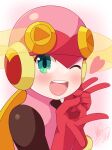  1girl ;d blonde_hair bodysuit double_v gloves green_eyes heart helmet highres long_hair looking_at_viewer mega_man_(series) mega_man_battle_network_(series) one_eye_closed open_mouth pink_gloves roll.exe_(mega_man) shizuki_airu simple_background smile solo teeth upper_body upper_teeth_only v 