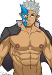  1boy abs bara bare_pecs dark_skin dark_skinned_male fang gakuran half_mask horns jacket jacket_on_shoulders male_focus muscular muscular_male navel nipples no_pupils open_clothes open_jacket pectorals pointy_ears school_uniform short_hair shuten_douji_(tokyo_houkago_summoners) single_horn solo stomach tachikawa_(hawk_003) tokyo_houkago_summoners upper_body white_hair 