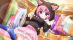  1girl :&lt; animal_hood black_hoodie blue_eyes blurry blurry_foreground box breasts cat_hood closet clothes_hanger cosplay dot_nose dutch_angle film_grain from_below game_cg hands_up hiiragi_kae hood hoodie indoors izumi_tsubasu large_breasts layered_skirt lens_flare long_sleeves looking_at_viewer midriff_peek navel nishidate_haku nishidate_haku_(cosplay) non-web_source official_art parted_lips pink_hair pink_skirt pom_pom_(clothes) re:stage! short_hair skirt solo sparkle undersized_clothes unworn_clothes white_skirt 