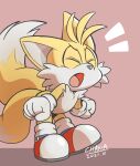 2021 5_fingers anthro blue_eyes blush canid canine chana clothing eyes_closed fingers footwear fox fur gloves handwear hi_res male mammal miles_prower open_mouth sega shirt shoes signature simple_background solo sonic_the_hedgehog_(series) topwear white_body white_fur yellow_body yellow_fur
