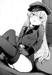 1girl absurdres blush daiteikoku gloves greyscale hat highres long_hair looking_at_viewer military military_uniform monochrome nedokoro_mitsuki parted_lips peaked_cap retia_adolf sitting sketch solo sweatdrop thighhighs uniform 