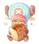  1boy ^_^ antlers aya_(shin&#039;ya_meisai) blush bread closed_eyes commentary_request eating food hat lowres one_piece reindeer_antlers simple_background sitting solo tony_tony_chopper white_background 