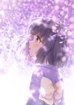  1girl black_hair blurry blush bokeh brown_eyes depth_of_field flower from_side highres ibuki_ena japanese_clothes kimono looking_up obi open_mouth original profile sash short_hair upper_body wisteria 