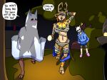 2023 4:3 absurd_res anthro antlers ariel_(deerkid) assisted_exposure black_clothing black_jacket black_topwear blue_clothing blue_hoodie blue_topwear blush blush_lines bottomwear bovid breasts brown_body brown_fur canid canine canis capri_(deerkid) caprine clothing cosplay costume deer deerkid detailed_background dialogue digital_drawing_(artwork) digital_media_(artwork) domestic_cat felid feline felis female flashlight fur ghost_costume goat grass grey_body grey_fur group hair halloween halloween_costume hi_res holding_object holidays hoodie hooves horn jacket male mammal mask midriff mummy_costume mummy_wrappings navel night orange_hair outside path penis_silhouette plant public public_exposure question_mark sans_(undertale) shorts skull_mask speech_bubble standing tan_body tan_fur topwear translucent translucent_clothing tree undertale_(series) walking whiskers wide_eyed wolf