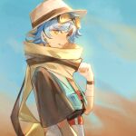  1other absurdres androgynous bandaged_hand bandages black_ribbon blue_hair blue_vest character_request day from_side goggles goggles_on_head grey_sleeves hat hat_ribbon highres looking_at_viewer outdoors ribbon scarf short_hair short_sleeves toho10min upper_body vest white_headwear yellow_scarf 