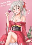  1girl 2024 alternate_costume anti_(untea9) blush bottle breasts brown_eyes cleavage cup drinking_glass drunk flower grey_hair hair_between_eyes hair_flower hair_ornament happy_new_year highres japanese_clothes kantai_collection kimono large_breasts lips long_hair long_sleeves looking_at_viewer obi open_mouth pola_(kancolle) ponytail red_kimono sash sitting smile solo wavy_hair wide_sleeves wine_bottle wine_glass 
