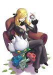  1girl black_pants blonde_hair breasts chair cleavage crossed_legs cynthia_(pokemon) fur-trimmed_sleeves fur_trim gen_4_pokemon hair_over_one_eye holding holding_poke_ball ikanote long_hair long_sleeves looking_at_viewer medium_breasts pants parted_lips poke_ball pokemon pokemon_(creature) pokemon_(game) pokemon_dppt red_eyes roserade shiny shiny_hair simple_background sitting white_background 
