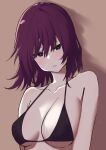  1girl absurdres bare_shoulders black_bra black_eyes blush bra breasts brown_background cleavage collarbone hair_between_eyes head_tilt highres lanthan large_breasts looking_at_viewer original purple_hair short_hair simple_background underwear underwear_only 