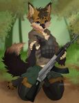 2023 anthro artist_name blep bottomwear brown_body brown_fur canid canine claws clothed clothing detailed_background digital_media_(artwork) finger_claws fingerless_(marking) fingerpads fox fully_clothed fur grass gun hi_res holding_gun holding_object holding_weapon legwear looking_at_viewer male mammal midriff outside pawpads plant ranged_weapon skirt solo spraykitty thigh_highs toe_claws tongue tongue_out tree weapon