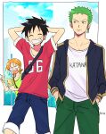  2boys angry arms_behind_head black_hair bracelet closed_eyes cowboy_shot day earrings green_hair green_tank_top hands_in_pockets highres holding holding_phone jacket jewelry looking_at_another monkey_d._luffy multiple_boys nami_(one_piece) one_piece orange_hair outdoors phone print_shirt red_shirt romaji_text roronoa_zoro scar scar_on_cheek scar_on_face shirt short_hair sideburns single_earring smile sweatdrop tank_top teeth track_jacket yayoi_(yyi_op) 