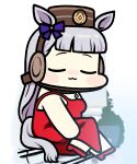  1girl :3 animal_ears bare_shoulders blue_bow blunt_bangs blush bow brown_headwear chibi closed_eyes commentary dress ear_bow facing_to_the_side facing_viewer full_body gold_ship_(umamusume) grey_hair high_heels horse_ears horse_girl horse_tail jazz_jack long_hair photo-referenced pillbox_hat red_dress red_footwear ribbon sitting sleeveless sleeveless_dress solo tail tail_through_clothes umamusume very_long_hair 