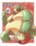 2024 anthro asian_clothing belly big_belly bulge clothing dragon east_asian_clothing eyes_closed fundoshi green_body hi_res holidays hon55728 humanoid_hands japanese_clothing japanese_text kemono male moobs new_year nipples overweight overweight_male solo text underwear white_clothing white_fundoshi white_underwear